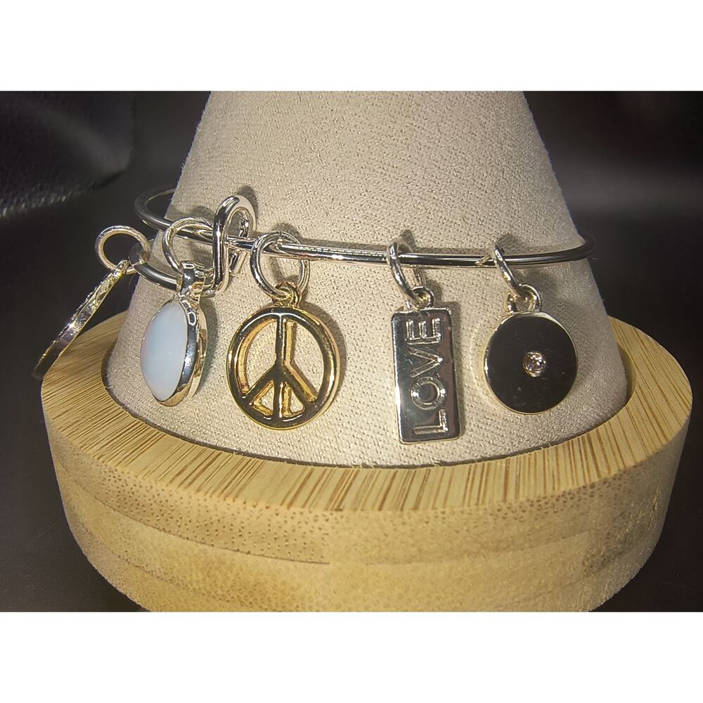 Adjustable Silver-Tone Bangle with Multi-Charms